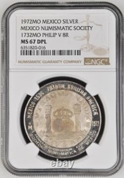 1972MO Mexico Numismatic Society 1732MO Philip V 8R Silver Medal NGC MS67 DPL