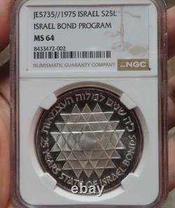 1975 Israel Bond Program 25 Lirot. 800 S-ilver 30 grams Coin NGC MS64