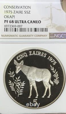 1975 Zaire $5z Pkapi Conservation Ngc Pf68 Ulca, Silver Coin