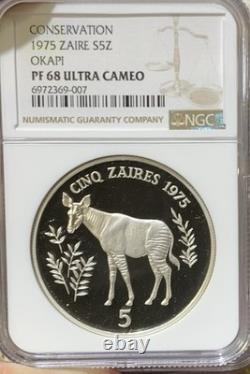 1975 Zaire $5z Pkapi Conservation Ngc Pf68 Ulca, Silver Coin