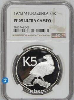 1976 Silver 5 Kina Papua New Guinea Eagle (ngc) Pf 69 Ultra Cameo