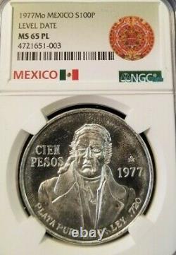 1977 Mexico Silver Cien Pesos S100p Level Date Ngc Ms 65 Pl Pop 3 Proof Like