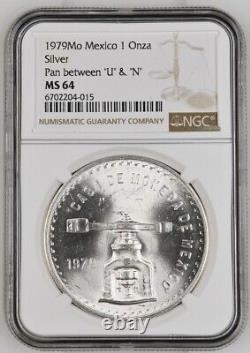 1979 Mo Mexico Onza Silver Pan between U & N NGC MS64