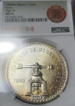1980 Mexico Silver 1 Onza High 8 Ngc Ms 63 Amazing Color Toning 1 Oz