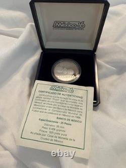 1985 MEXICO 25 Pesos Proof Silver Coin- Mexico 86 World Cup. 925 Silver Box COA