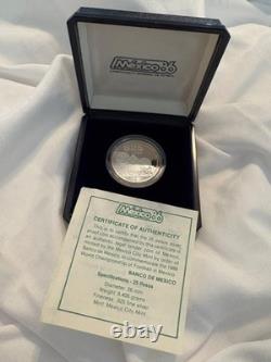 1985 MEXICO 25 Pesos Proof Silver Coin- Mexico 86 World Cup. 925 Silver Box COA