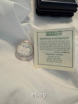 1985 MEXICO 25 Pesos Proof Silver Coin- Mexico 86 World Cup. 925 Silver Box COA
