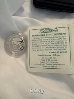 1985 MEXICO 25 Pesos Proof Silver Coin- Mexico 86 World Cup. 925 Silver Box COA