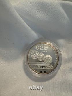 1985 MEXICO 25 Pesos Proof Silver Coin- Mexico 86 World Cup. 925 Silver Box COA