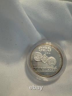 1985 MEXICO 25 Pesos Proof Silver Coin- Mexico 86 World Cup. 925 Silver Box COA