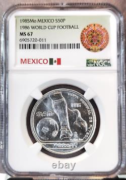 1985 Mexico Silver 50 Pesos Football Player & Ball Ngc Ms 67 Scarce Gem Coin
