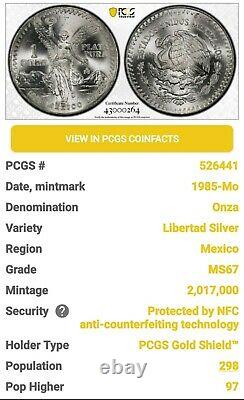 1985-mo Mexico Silver Libertad 1 Onza (oz) Pcgs Ms67 Awesome Luster