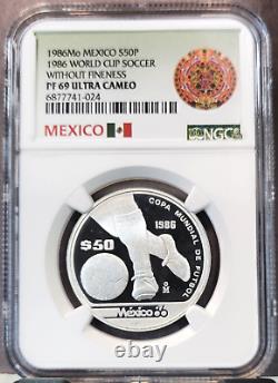 1986 Mexico Silver 50 Pesos World Cup Football Ngc Pf 69 Ultra Cameo Top Pop