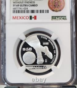 1986 Mexico Silver 50 Pesos World Cup Football Ngc Pf 69 Ultra Cameo Top Pop