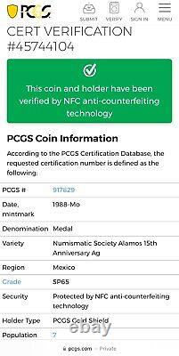 1988 Mo Mexico 15th Ann of Numismatic Society Alamos PCGS SP65 Silver Medal