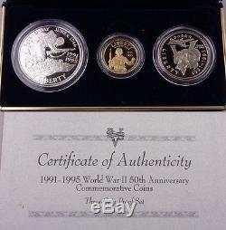 1991-1995-WORLD-WAR-II-50TH-ANNIVERSARY-3-COIN-GOLD-SILVER-PROOF-SET as Issued