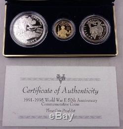 1991 1995 WORLD WAR II 50th ANNIVERSARY COINS 3 COIN PROOF SET $5 GOLD COIN