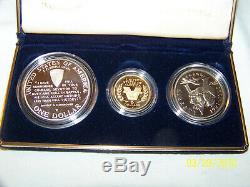 1991-1995 W World War II USA 3 Coin Proof Set. 24 Oz Gold $5 Silver $1 & Halve