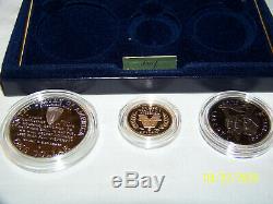 1991-1995 W World War II USA 3 Coin Proof Set. 24 Oz Gold $5 Silver $1 & Halve