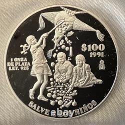 1991 Mexico 100 Pesos 1 Oz Silver Proof Salve A Los Ninos