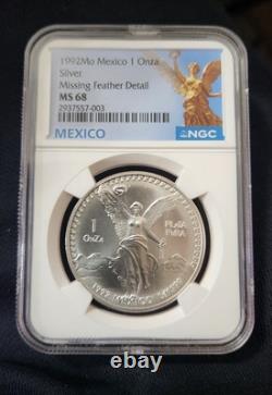 1992 MEXICO LIBERTAD 1 ONZA MISSING FEATHER DETAIL NGC MS 68 Only 31 higher