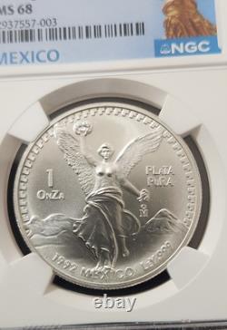 1992 MEXICO LIBERTAD 1 ONZA MISSING FEATHER DETAIL NGC MS 68 Only 31 higher