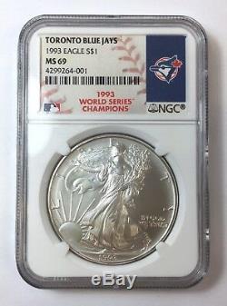 1993 1oz Silver Eagle NGC MS69 Toronto Blue Jays World Series Champions $1 Coin