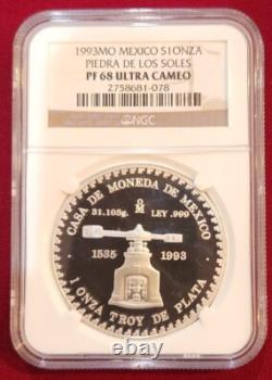 1993 Mexico 1.0 oz. Piedra De Los Sole. 999 Silver coin PF 68 Ultra Came