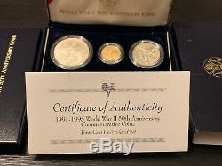 1993 World War II 3 Coin Proof Set $5 Gold $1 Silver & Clad Half Dollar with COA