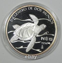 1994 Mexico 5 Pesos PROOF 1 oz Silver Ridley Sea Turtle