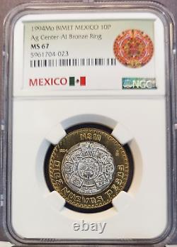 1994 Mexico Silver 10 Pesos Bi Metallic Ngc Ms 67 Beautiful Rare Top Pop