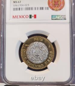 1994 Mexico Silver 10 Pesos Bi Metallic Ngc Ms 67 Beautiful Rare Top Pop