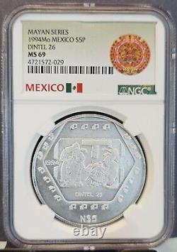 1994 Mexico Silver 5 Pesos S5p Mayan Series Dintel 26 Ngc Ms 69 Gem Beauty