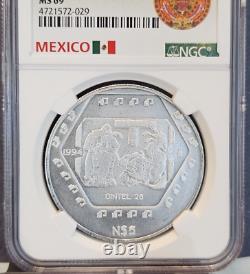 1994 Mexico Silver 5 Pesos S5p Mayan Series Dintel 26 Ngc Ms 69 Gem Beauty