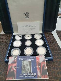 1995 9X SILVER PROOF COIN FULL BOX SET + COA 50th ANNIVERSARY OF WORLD WAR 11