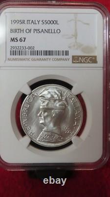 1995 Italy Silver 5000 Lire Birth Of Pisanello Ngc Ms 67 Rare Gem Top Pop