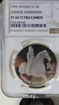1996 France CHINESE HORSEMAN SOLDIER SILVER 10 FRANCS 1.5 EURO NGC PF68