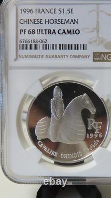 1996 France CHINESE HORSEMAN SOLDIER SILVER 10 FRANCS 1.5 EURO NGC PF68