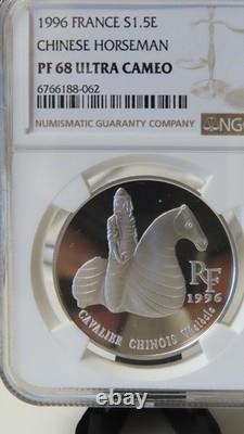 1996 France CHINESE HORSEMAN SOLDIER SILVER 10 FRANCS 1.5 EURO NGC PF68