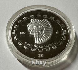1997 Mexico Silver 1 Oz 999 Disco De La Muerte Skull Proof 5 Peso Coin