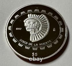 1997 Mexico Silver 1 Oz 999 Disco De La Muerte Skull Proof 5 Peso Coin