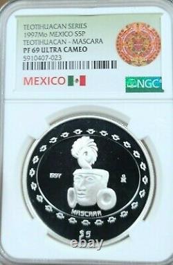 1997 Mexico Silver 5 Pesos Teotihuacan Mascara Ngc Pf 69 Ultra Cameo Top Pop