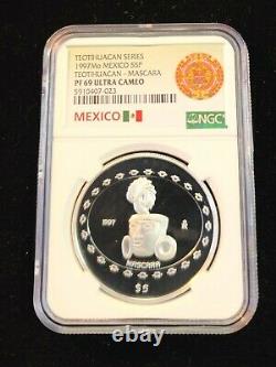 1997 Mexico Silver 5 Pesos Teotihuacan Mascara Ngc Pf 69 Ultra Cameo Top Pop