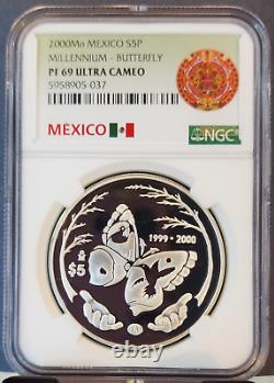 2000 Mexico Silver 5 Pesos S5p Millennium Butterfly Ngc Pf 69 Ultra Cameo