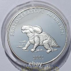 2001 Mongolia Dinosaur Protoceratops Silver Proof Coin Prehistoric Animal RARE