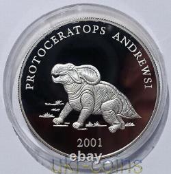 2001 Mongolia Dinosaur Protoceratops Silver Proof Coin Prehistoric Animal RARE