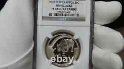 2003 SOUTH AFRICA SILVER 10 CENTS rhino RHINOCEROUS NGC PF 69 ULTRA CAMEO lowpop