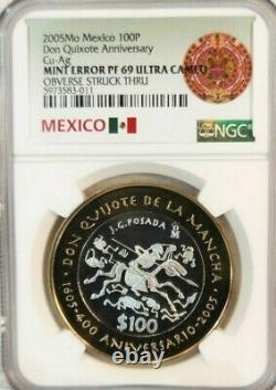 2005 Mexico Silver 100 Pesos Don Quixote Anniv Ngc Pf 69 Ultra Cameo Mint Error