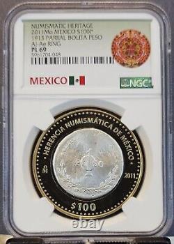 2011 Mexico Silver 100 Pesos 1913 Parral Bolita Peso Ngc Pl 69 Scarce Beautiful