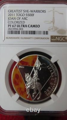 2011 TOGO Silver 500 FRANCS Great WARRIORS JOAN OF ARC COLORIZED NGC PF 67